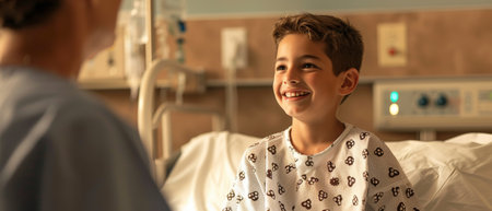 A boy's bright smile and lively conversation in a hospital bed highlight the enduring optimism that characterizes childhoodの素材