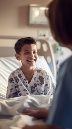 A young boy in a hospital bed shares a cheerful conversation, his youthful spirit evident in his bright smile and sparkling eyesの素材