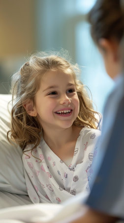A child's radiant smile in a hospital bed reflects the undimmed enthusiasm of youth, despite the medical backdropの素材
