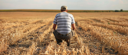 A man sits in a harvested wheat field, with the golden stubble stretching into the distance, reflecting on the bounty of the land. The expansive farm under the clear sky showcases the magnitudeの素材