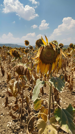 A withering sunflower drops against a vivid sky, epitomizing the struggle against prolonged dry conditions. The once vibrant field now echoes the theme of resilience amidst environmental challengesの素材