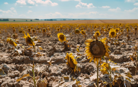 Row upon row of scorched sunflowers bear the mark of drought, against a backdrop of unyielding blue skies. The image serves as a poignant reminder of agriculture's vulnerability to extreme weatherの素材