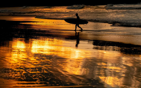 A surfer walks along the beach at sunset, the ocean reflecting the fiery sky. The scene is a tranquil end to a day's adventuresの素材