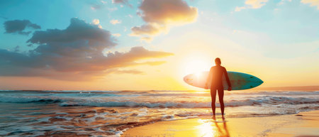 A lone surfer stands on the shore, contemplating the waves at sunrise. The sky's warm hues cast a hopeful glow on the new dayの素材