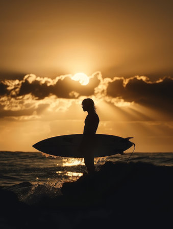 The silhouette of a surfer is captured in a moment of stillness against the setting sun, the ocean spray sparkling around him. A perfect evening by the seaの素材