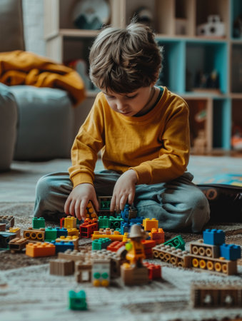 Immersed in concentration, a young boy meticulously assembles blocks, honing his creativity and problem-solving skillsの素材