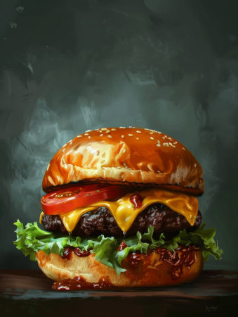 This cheeseburger stands as an artistic creation, with sauce dripping artistically down the sides. The bun is sprinkled with sesame, contrasting beautifully with the painted backdropの素材