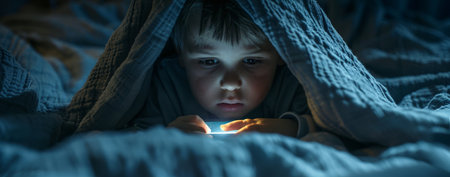 A young child is engrossed in a digital world under a blanket fort, the soft glow of the screen lighting up their focused face. The intimate setting and digital glow create a modern bedtime storyの素材