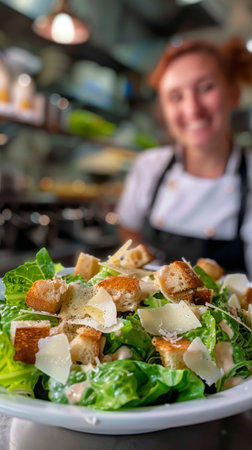 A chef presents a freshly prepared Caesar salad, with crisp romaine lettuce and golden croutons. The dish is garnished with shaved Parmesan, accentuating the vibrant green huesの素材