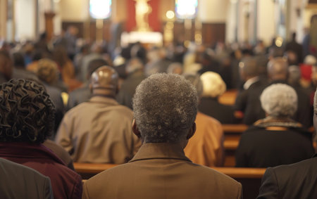 A congregation is fully engaged in a church service, with the back of their heads facing the camera, symbolizing unity and shared faith in a diverse communityの素材