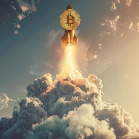 A symbolic Bitcoin rocket soars through clouds, representing a surge in cryptocurrency value. The imagery evokes the dynamic and explosive growth potential of digital currenciesの素材