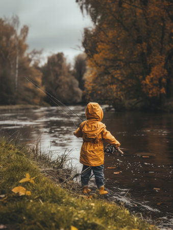 An intrepid young explorer clad in a yellow jacket ventures to fish along a leaf-strewn riverbank, embracing the crisp essence of fallの素材