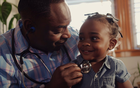 A doctor takes a moment from his busy life to play doctor with his delighted daughter, their bond evident in their bright smiles. This heartening scene unfolds in a home filled with warmthの素材