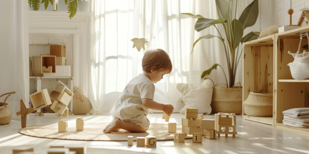 In a well-lit room, a toddler sits on a rug, arranging wooden blocks with deep concentration. The peaceful ambiance is enhanced by the soft lighting and natural wood tonesの素材
