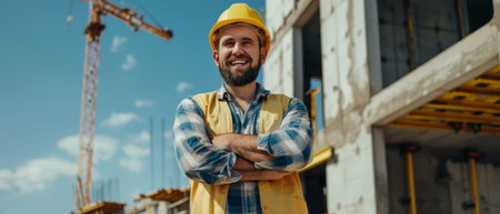 A construction supervisor wearing a yellow hard hat exudes happiness at a construction site, with crane and clear sky behind him. His folded arms and contented expression showcase successful projectの素材
