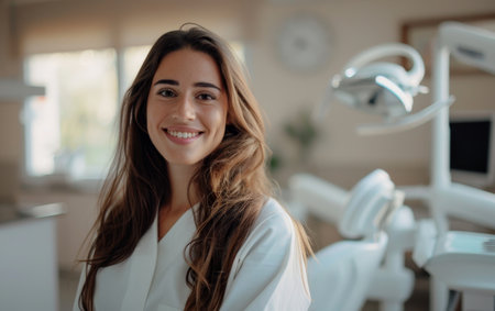 A cheerful dental professional greetings with a warm smile, her persona radiating positivity in a well-equipped dental office settingの素材