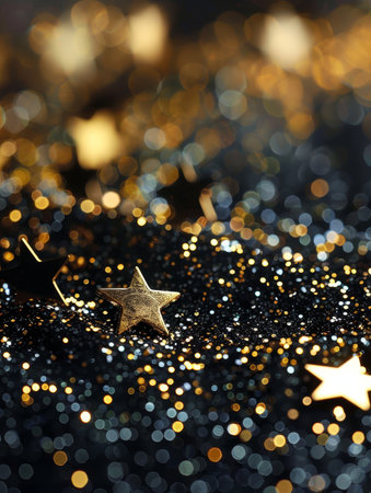 A mesmerizing display of golden stars sparkling against a dark blue background, creating a festive, magical atmosphereの素材