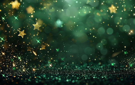 A magical green bokeh background with sparkling golden stars, creating a festive, dreamy atmosphereの素材