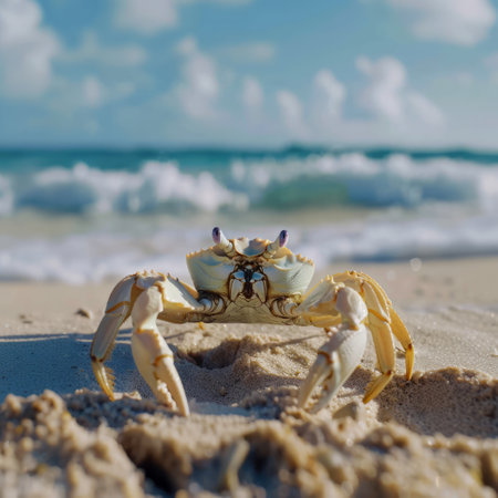 A vibrant crab on a sunny beach, with seafoam green waves and a clear blue sky in the backgroundの素材