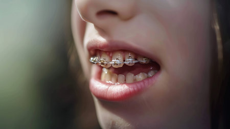 Close-up of a little girl's bright smile with clear braces on her clean white teethの素材