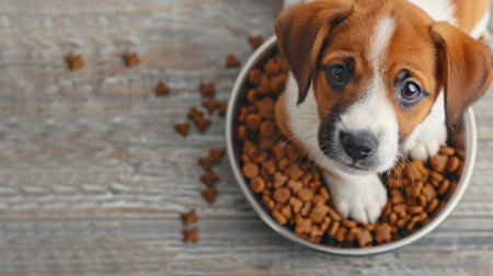 Cute puppy near a bowl of dry food on a wooden floor, puppy looking at the camera, pet careの素材