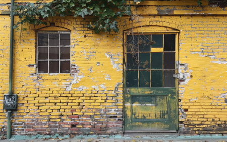 An old yellow brick building is partially covered in vines, featuring a weathered green door. The play of nature and architecture creates a nostalgic sceneの素材
