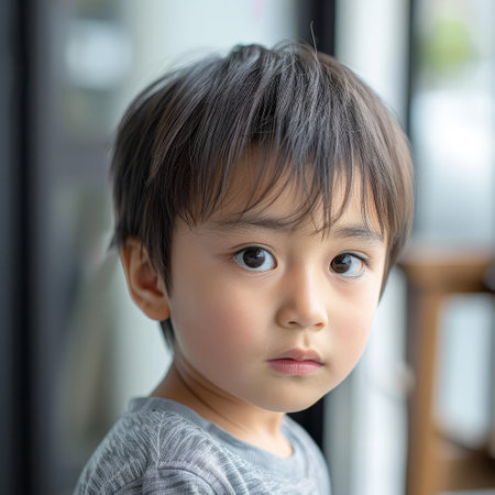 A young toddler gazes curiously at the world, his deep eyes reflecting a budding intelligence and wonderの素材