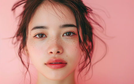A young woman stands out with her ethereal beauty against a pastel pink backdrop. Her tousled hair and light freckles give her a look of natural graceの素材