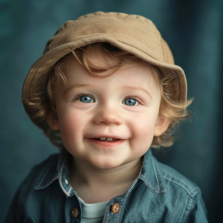 A cheerful toddler with sparkling blue eyes smiles warmly under a soft brown cap, radiating joy and innocence. The denim shirt adds a touch of casual style to the youthful portraitの素材