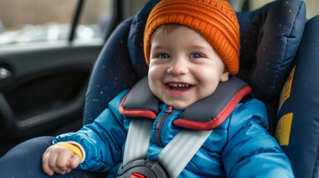 A child in a car seat wearing a blue jacket and an orange hat. Child safety on the roadの素材