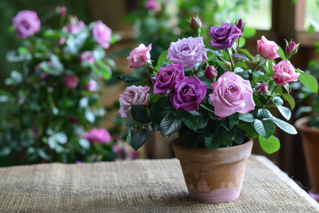 A bright bouquet of purple and pink roses in a clay pot against a background of blooming rose bushesの素材