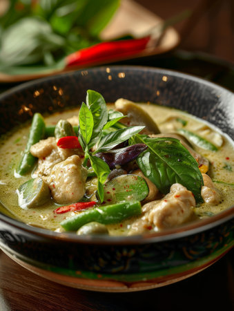 A bowl filled with green curry soup, containing shrimp, vegetables, and garnished with fresh herbsの素材