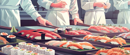 Chefs preparing assorted sushi on a counter, showcasing skill and fresh ingredientsの素材