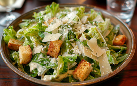 Fresh Caesar salad with crispy croutons, parmesan shavings, and creamy dressing served in a rustic bowlの素材