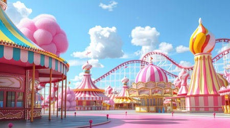 A vibrant amusement park with colorful rides under a clear blue skyの素材