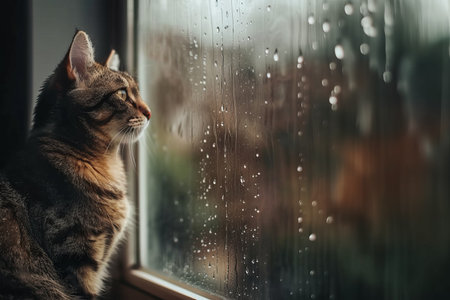 A contemplative cat gazes out a rain-speckled window, capturing a moment of serenity and quietudeの素材