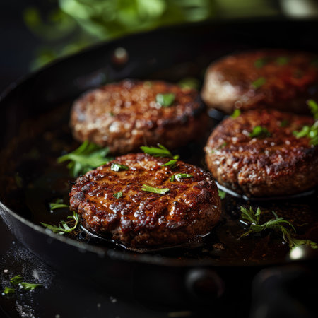 Juicy grilled hamburger patties in a frying pan, decorated with fresh herbs. Ideal for food blogs or menusの素材