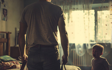 A tense moment captured indoors, where a man's hand grips a belt and a child stands opposite. The scene suggests the serious issue of domestic violenceの素材