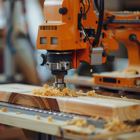 Precision cutting by a CNC machine on a wooden plank with wood shavings scattered around. The focus is on the machine's drill carving intricate details into the woodの素材