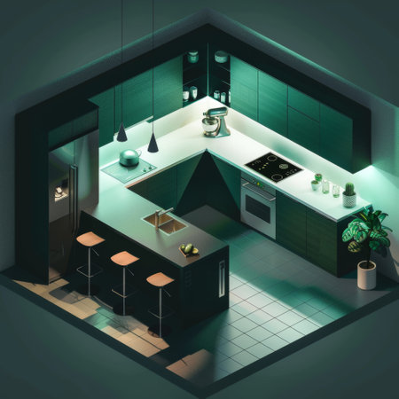 This isometric illustration showcases a sleek kitchen interior with teal cabinets, modern fixtures, and hanging pendant lights, offering a stylish and functional spaceの素材