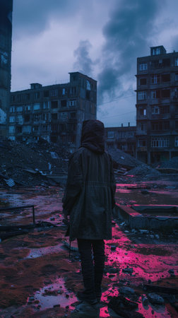 A lone wanderer stands in the foreboding glow of a dystopian dawn, overlooking a landscape scarred by disaster. The haunting beauty of the scene highlights the stark reality of a changed worldの素材