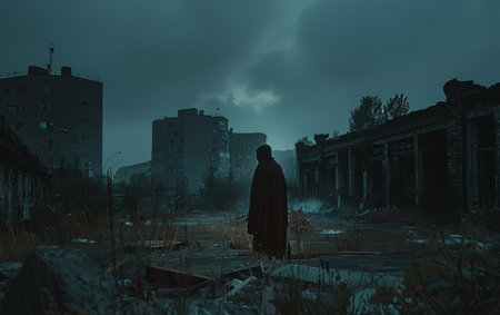 A solitary figure maintains a somber vigil amidst the sprawling ruins of a once-thriving urban area, under a heavy sky that seems to echo the mood of desolationの素材