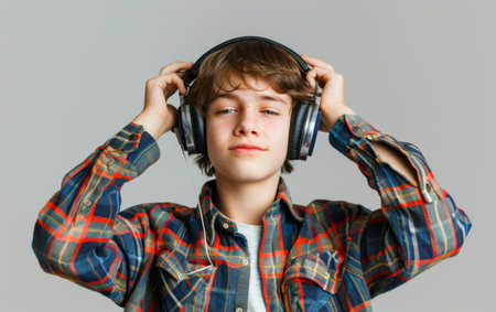 A boy with headphones looks off into the distance, his expression one of contemplation. The light and shadow play accentuate the mood of introspectionの素材