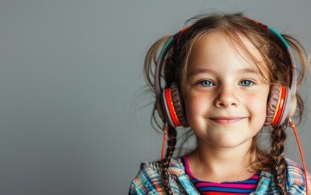 A cheerful child beams with happiness, her colorful headphones enhancing the playful moment of musical enjoymentの素材