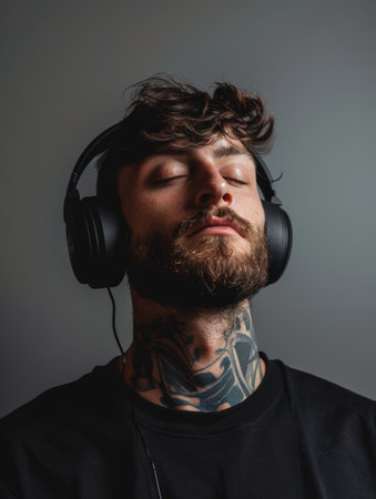 A tattooed man closes his eyes in bliss, losing himself in the music through his headphones. The intimate setting highlights his personal connection to the soundの素材