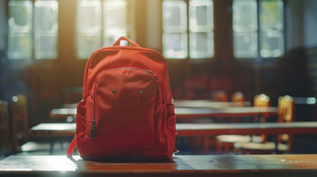 A sunlit classroom with a red backpack on a wooden table. Empty room, bright atmosphere, and neatly arranged chairsの素材