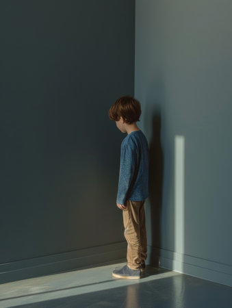 A child stands alone against a plain wall, engulfed in the soft shadows of a dimly lit room. The scene evokes a quiet moment of reflection during a disciplinary pauseの素材