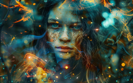 A young woman's face emerges from a mystical forest, surrounded by a swirl of glowing particles and vibrant colors. The image is enchanting and otherworldlyの素材