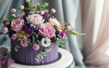 Elegant purple cake adorned with colorful edible flowers and berries, displayed by a window with flowing curtainsの素材