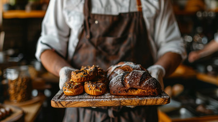 A baker in an apron holds a tray of fresh, delicious chocolate chip buns in a cozy bakeryの素材